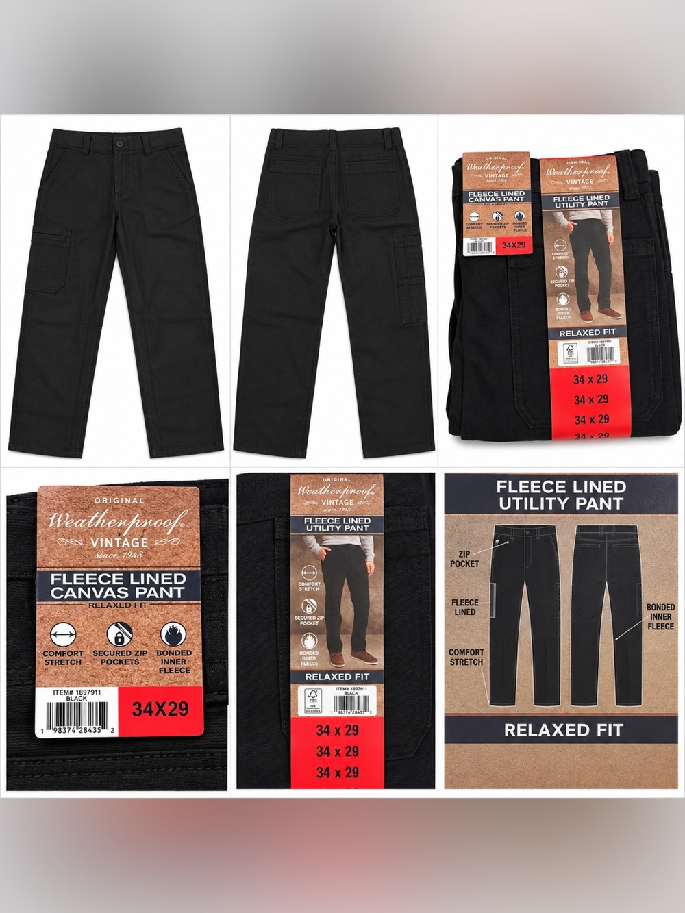 Weatherproof Men's Fleece-Lined Canvas Pants - Black (Relaxed Fit) 34 x 29